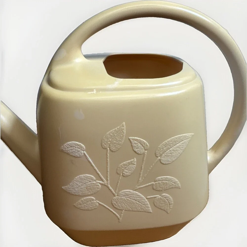 Vintage Golden Acres AW-21 Watering Can Beige Tan Long Spout Leaf Design Retro